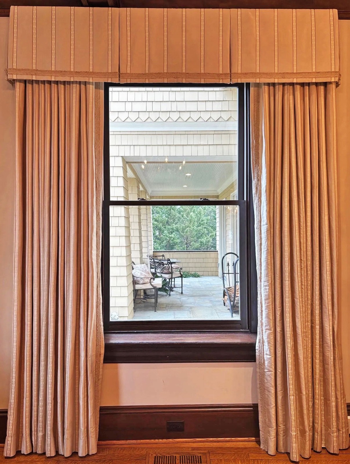 High End Designer Custom Pinch Pleated Beige Silk Curtains w/ Fringe Trim ZZ776