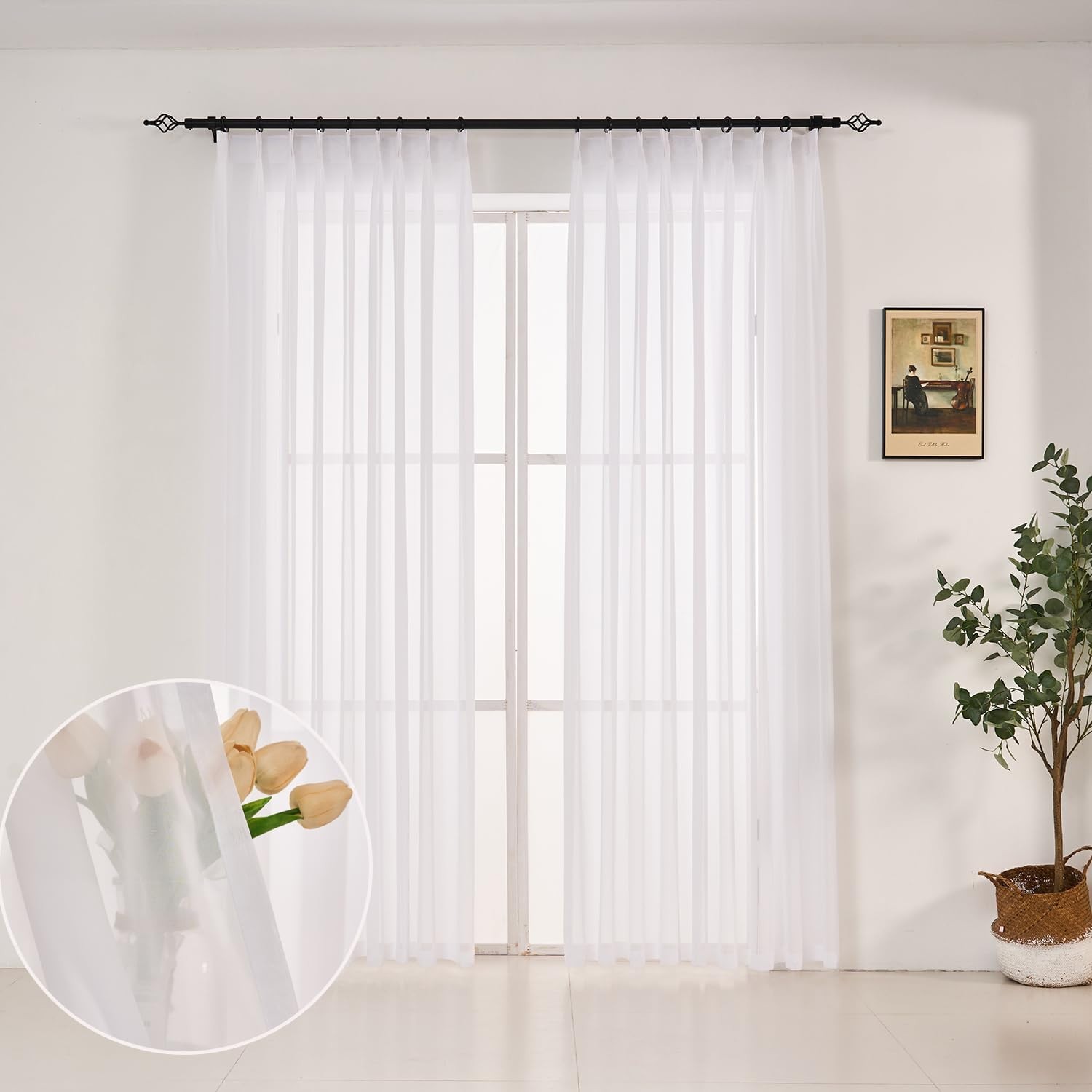 Pure White Pinch Pleated Curtains 1 Panel 60″ x 108″ Semi-Sheer Pleat Drapes