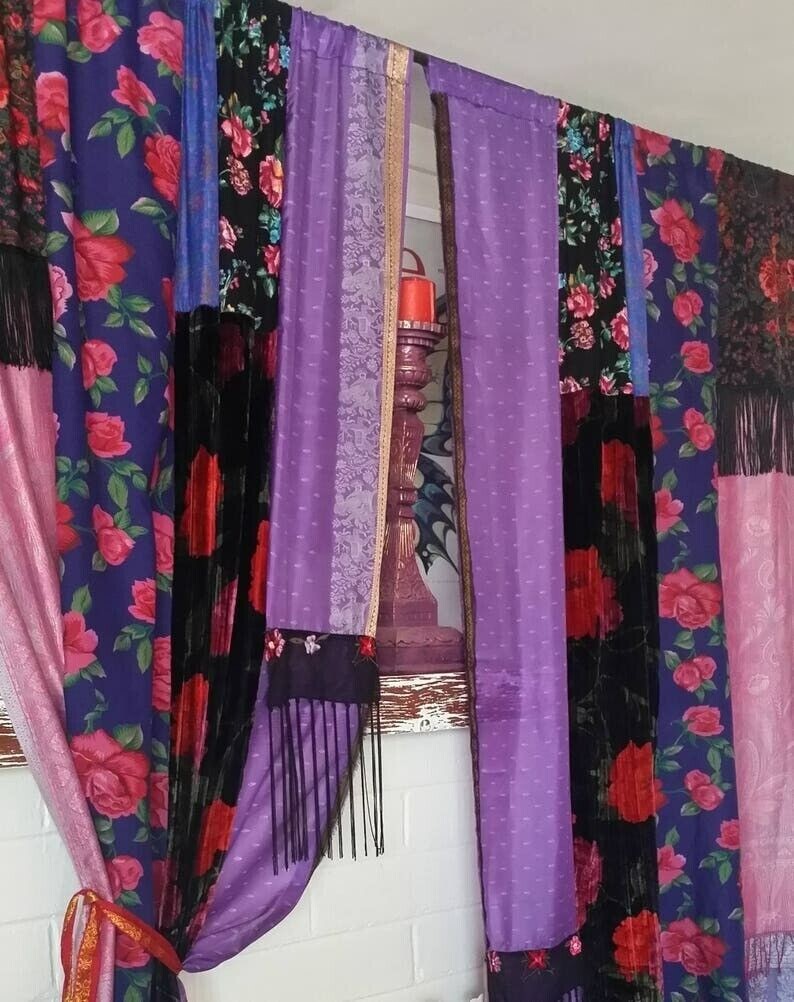 2 Pcs Indian Sari Patchwork Curtain Drape Window Decor Multi Silk Sari Curtain