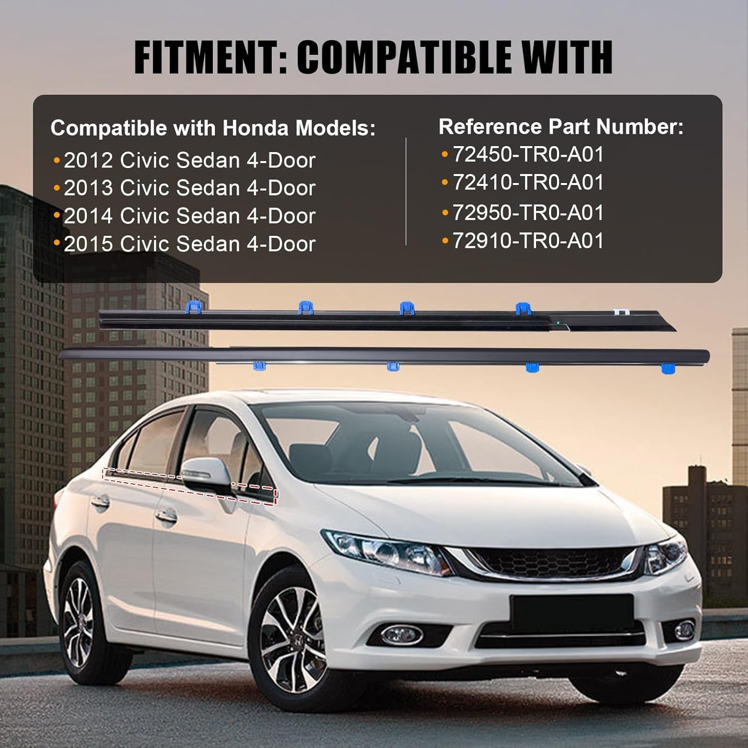 Honda Civic 2012-2015 4-Door Window Weather Stripping Trim – Easy Install, Du…