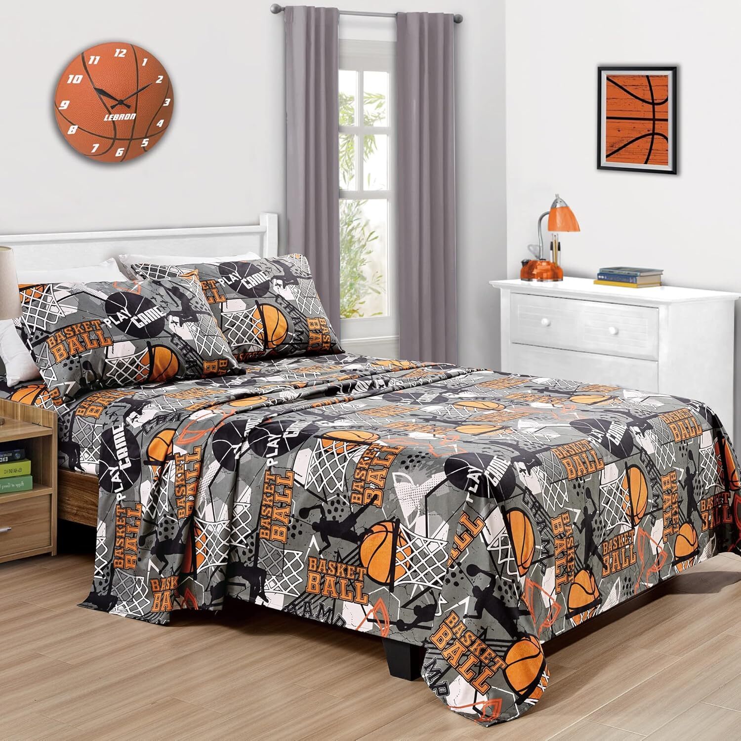 Chezmoi Collection 3-Piece Kids/Teens Twin, Gray/Orange/Black Basketball