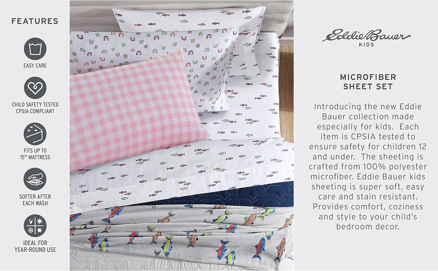 Eddie Bauer Kids – Full Size Sheets, Stain Full, Fish Lake White/Multi