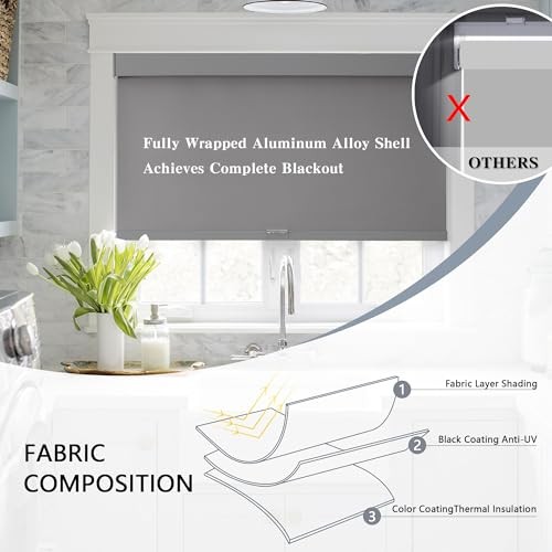 Blackout Roller Shades Cordless Blinds for Windows, Free-Stop 20″W x 72″H Grey
