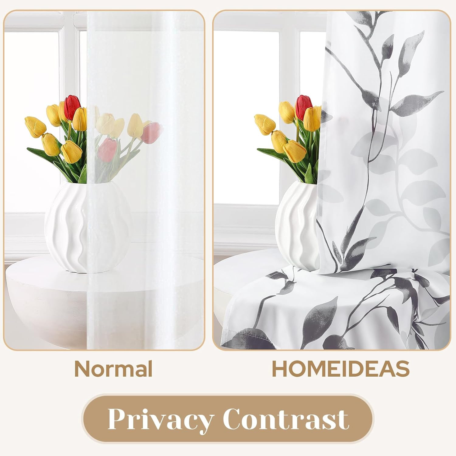 HOMEIDEAS Non-See-Through Light Grey and White Privacy Sheer Curtains 52 X 63 In