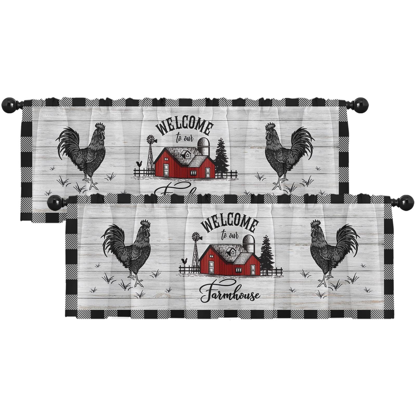 Emvency 2 Pack Valances Window Treatments, Farmhouse Rooster Chicken Rustic W…