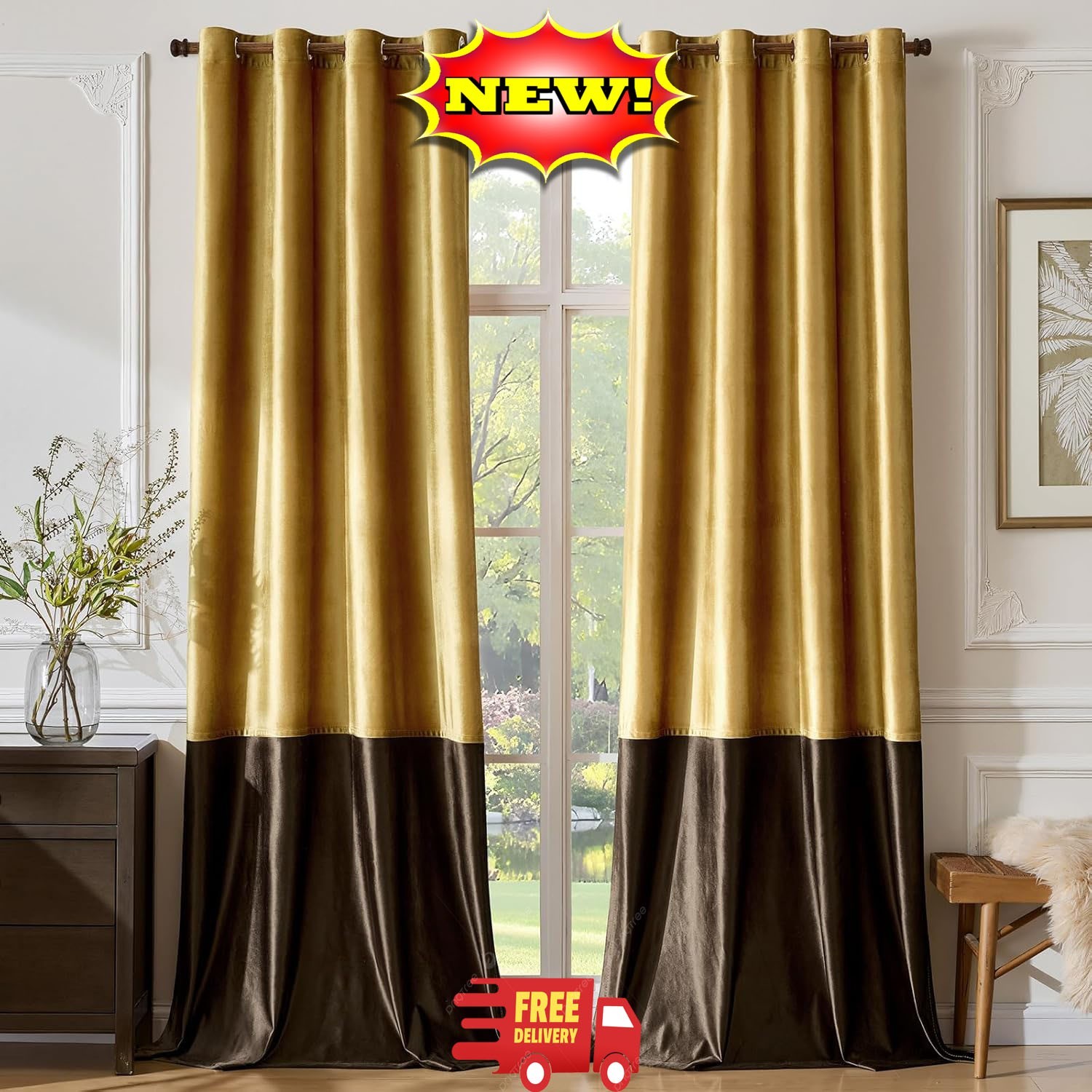 Cortinas de terciopelo marrón dorado de 213 cm (84 pulgadas), elegantes y modern