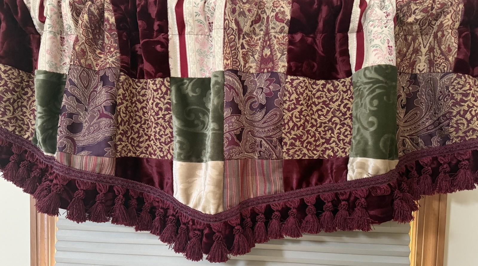 2 Scallop Patchwork Valances Burgundy Green Gold Velvet Tapestry Jarquard 54X18
