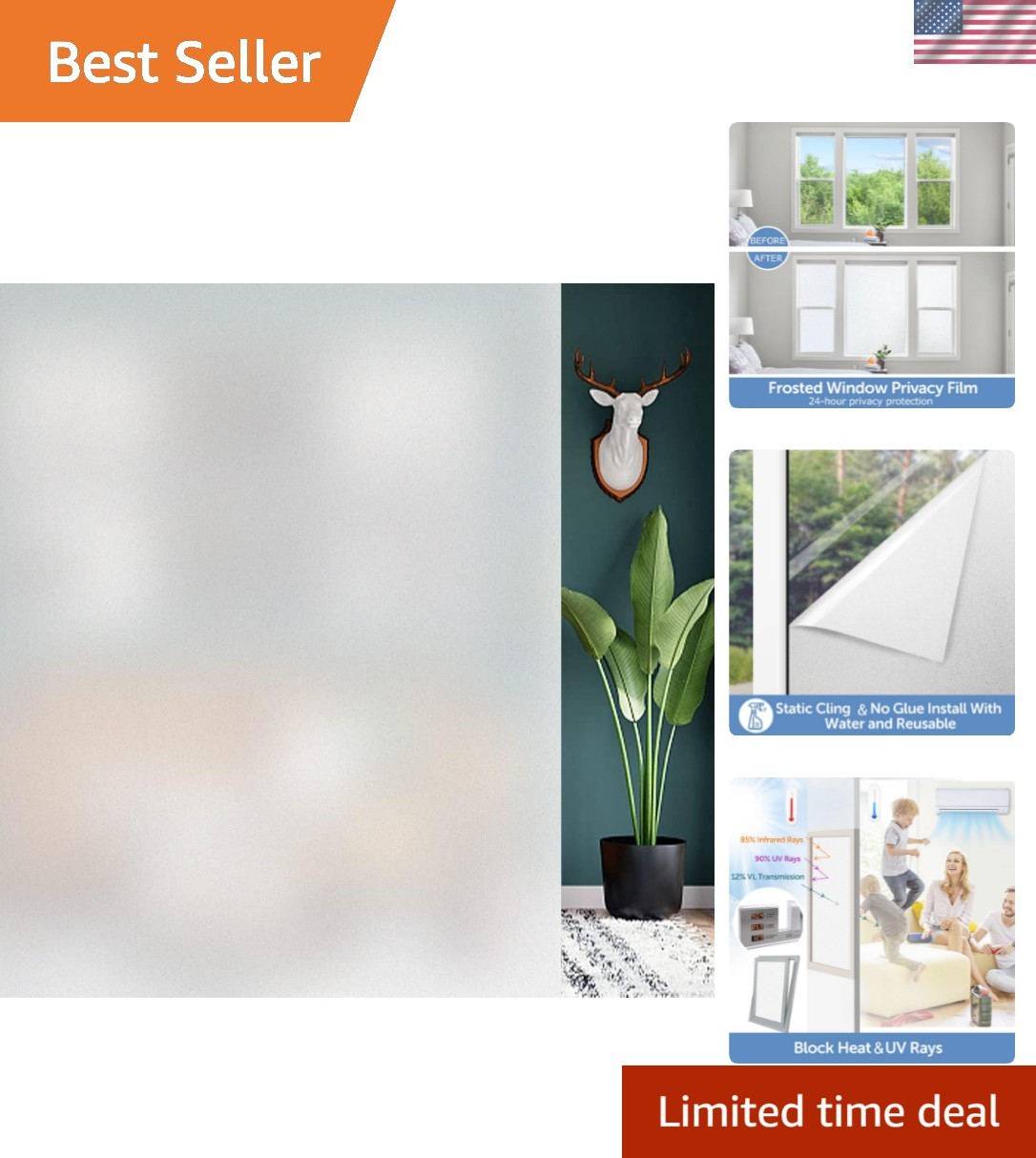 Frosted Window Privacy Film 23.6×78.7 Inch – Non-Adhesive UV Blocking Decor