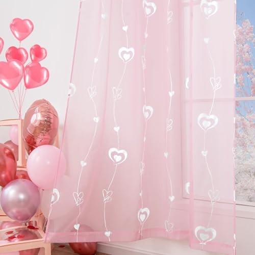 Valentine’s Day Sheer Curtains, Love Heart 52″W x 72″L (Pack of 2) Love/Silver