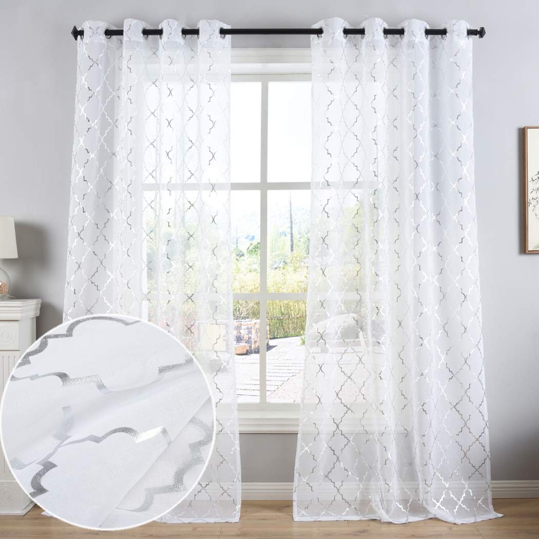 White Sheer Curtains with Silver Foil Moroccan 52×95 Inch, 2 Panels