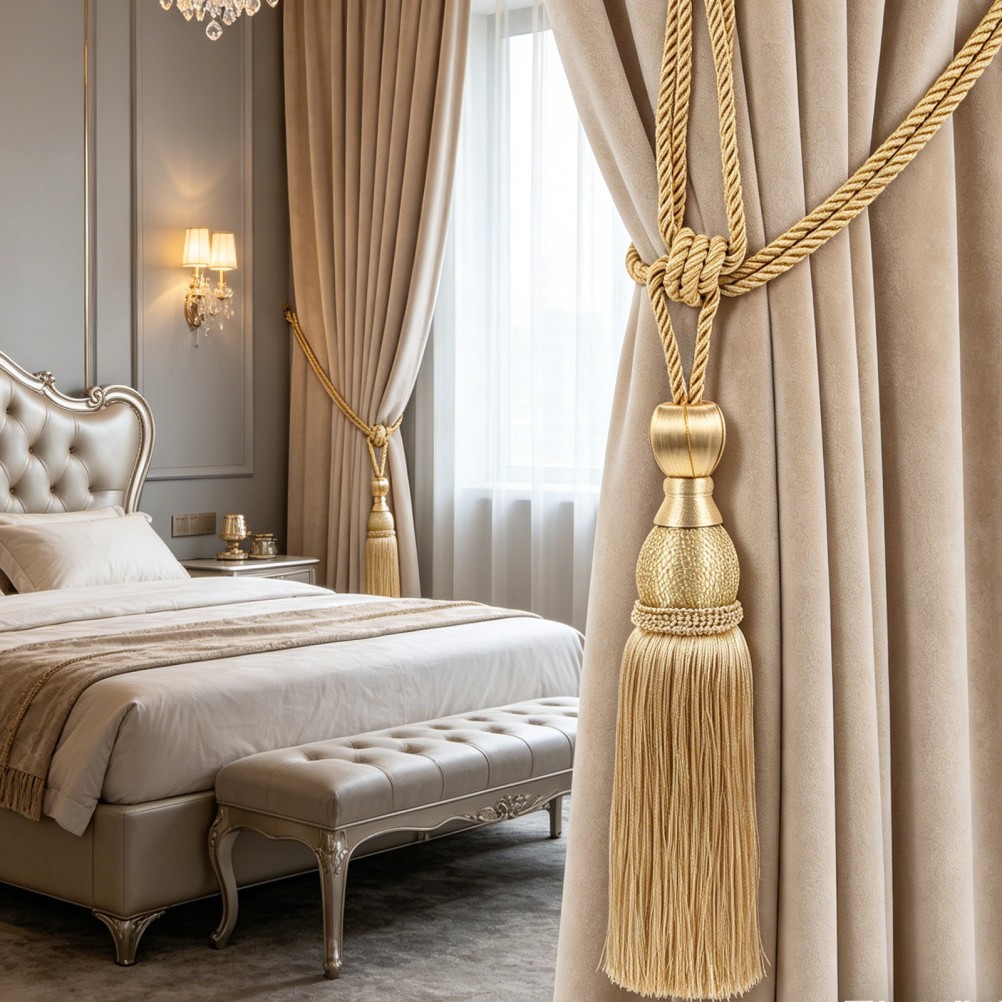 2Pcs Reusable Gold Curtain Tie Backs with Polyester Tassels for Elegant Drapery