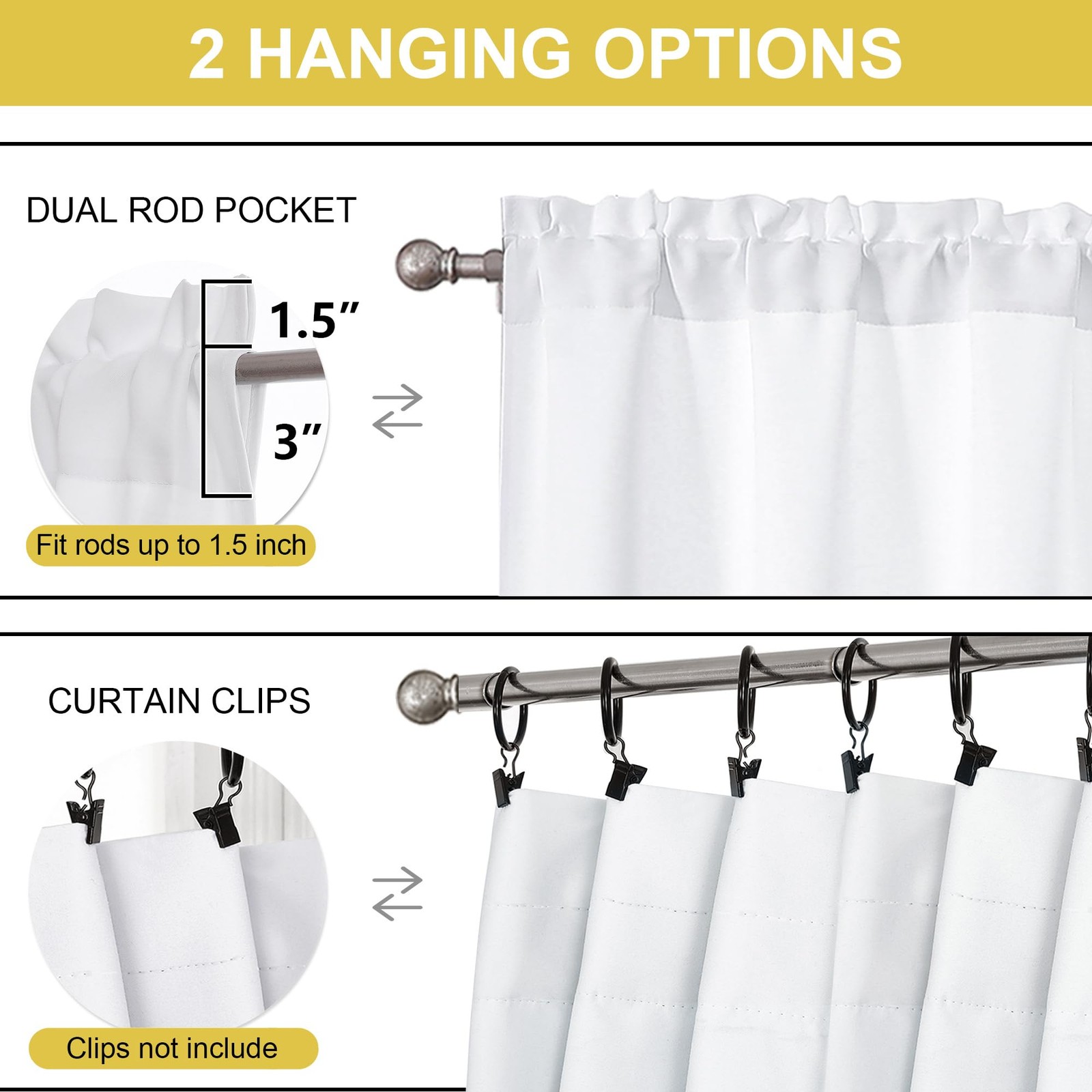 Kitchen Curtains Tier 36 Inch Length Short for 30″W x 36″L (Pack of 2) White