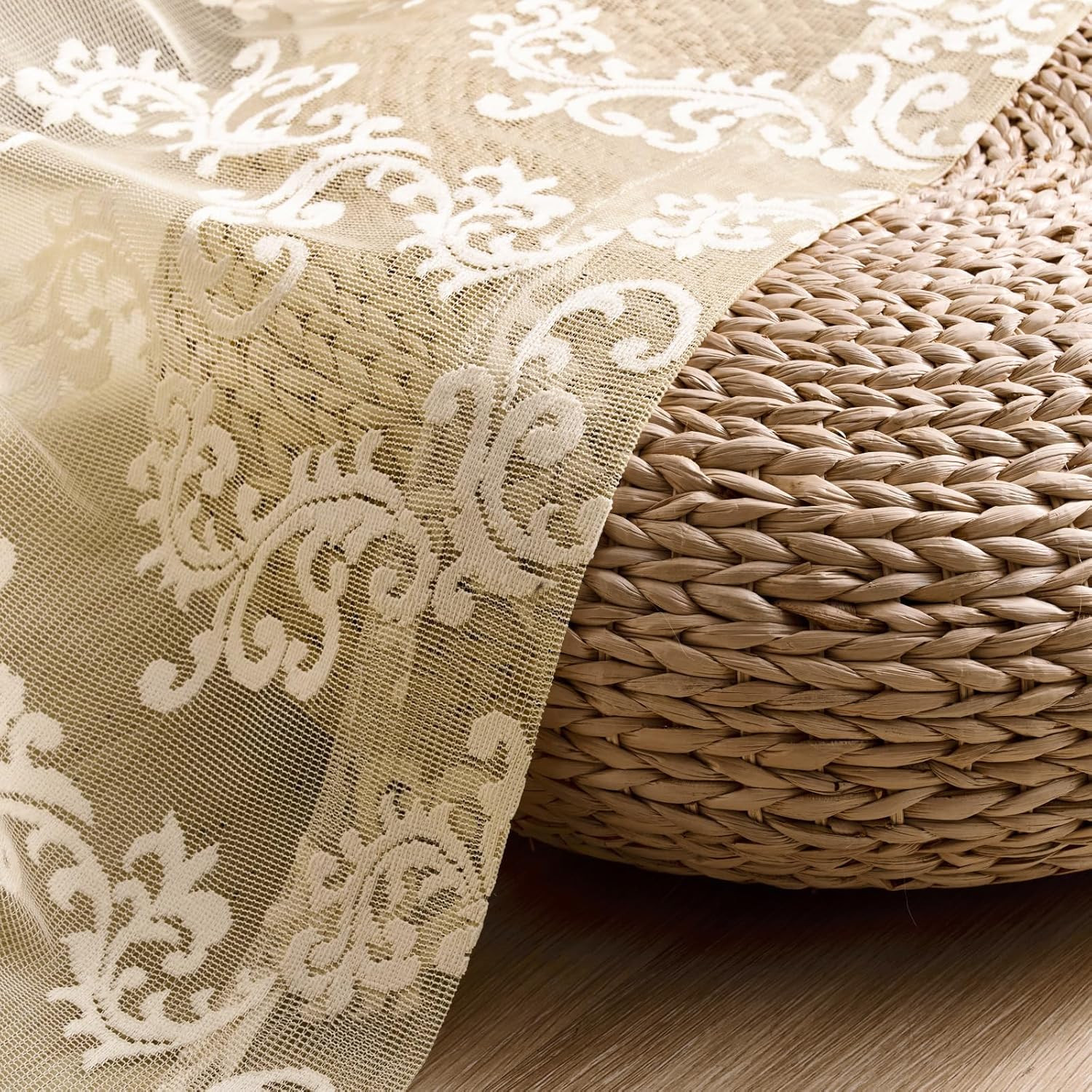 Beige Lace Curtains – 63 Inch Length, 2 Panels Set – Victorian Floral Sheer Curt