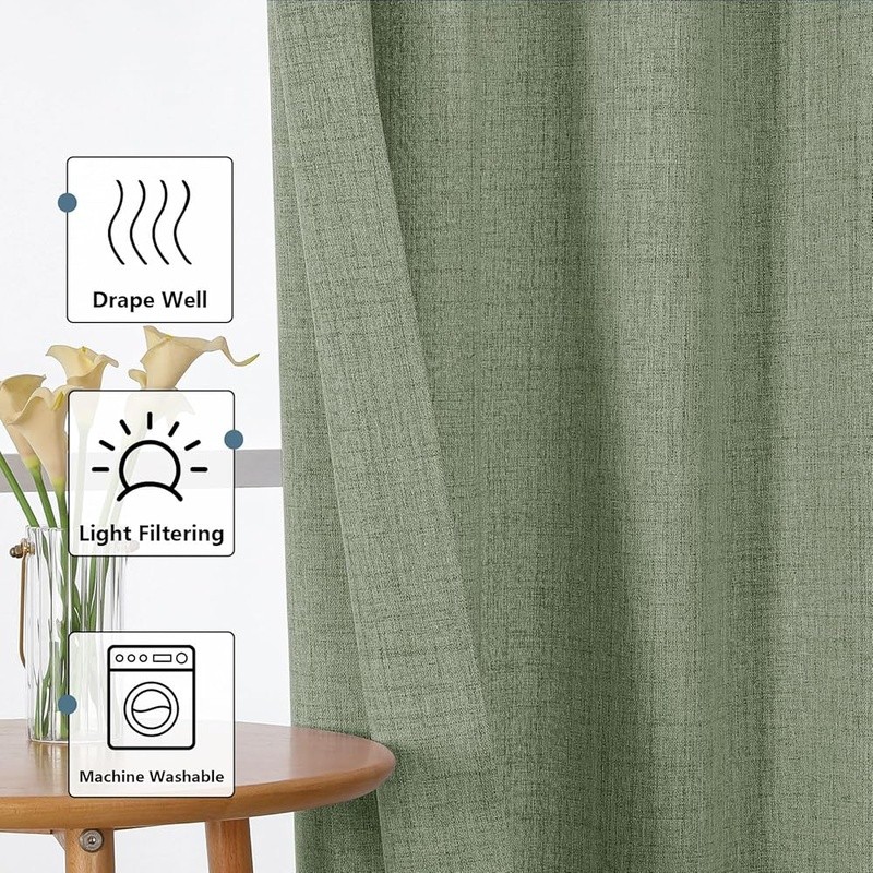 Light Filtering Faux Linen Window Curtains 2 Panels Green Machine Washable New