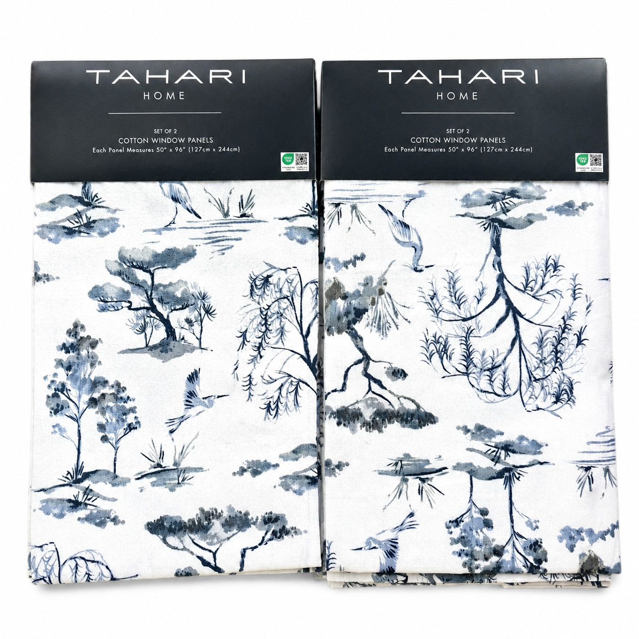 Tahari set of 4 Curtains 50×96 Cotton NatureTree Sketch Crane Panels NEW