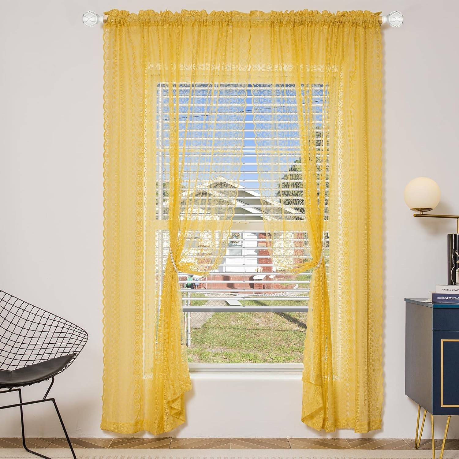 Mustard Yellow Lace Curtains – Scalloped Lace, 55 x 108 inch Length, Set of 2
