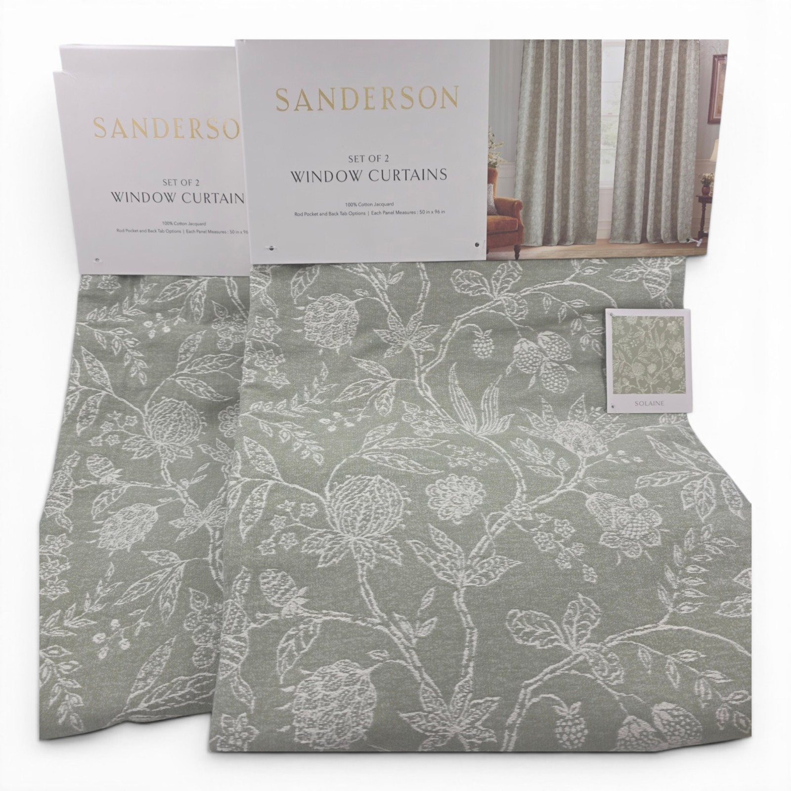 Sanderson Set of 4 Solaine Botanical Jacquard Curtains Sage Darkening 50×96