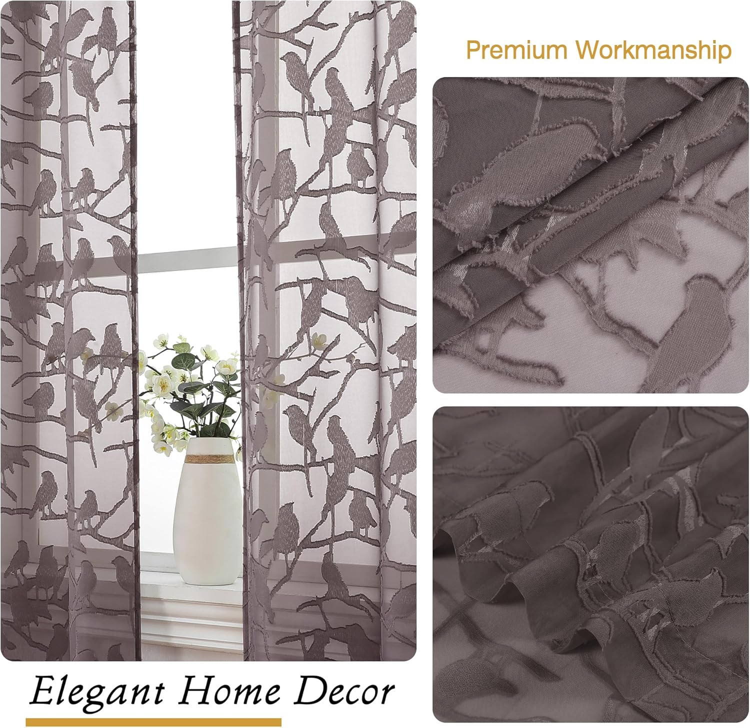 Anji Chocolate Brown Sheer Curtains 54 Inches Long 2 Panels Set for Living Room,