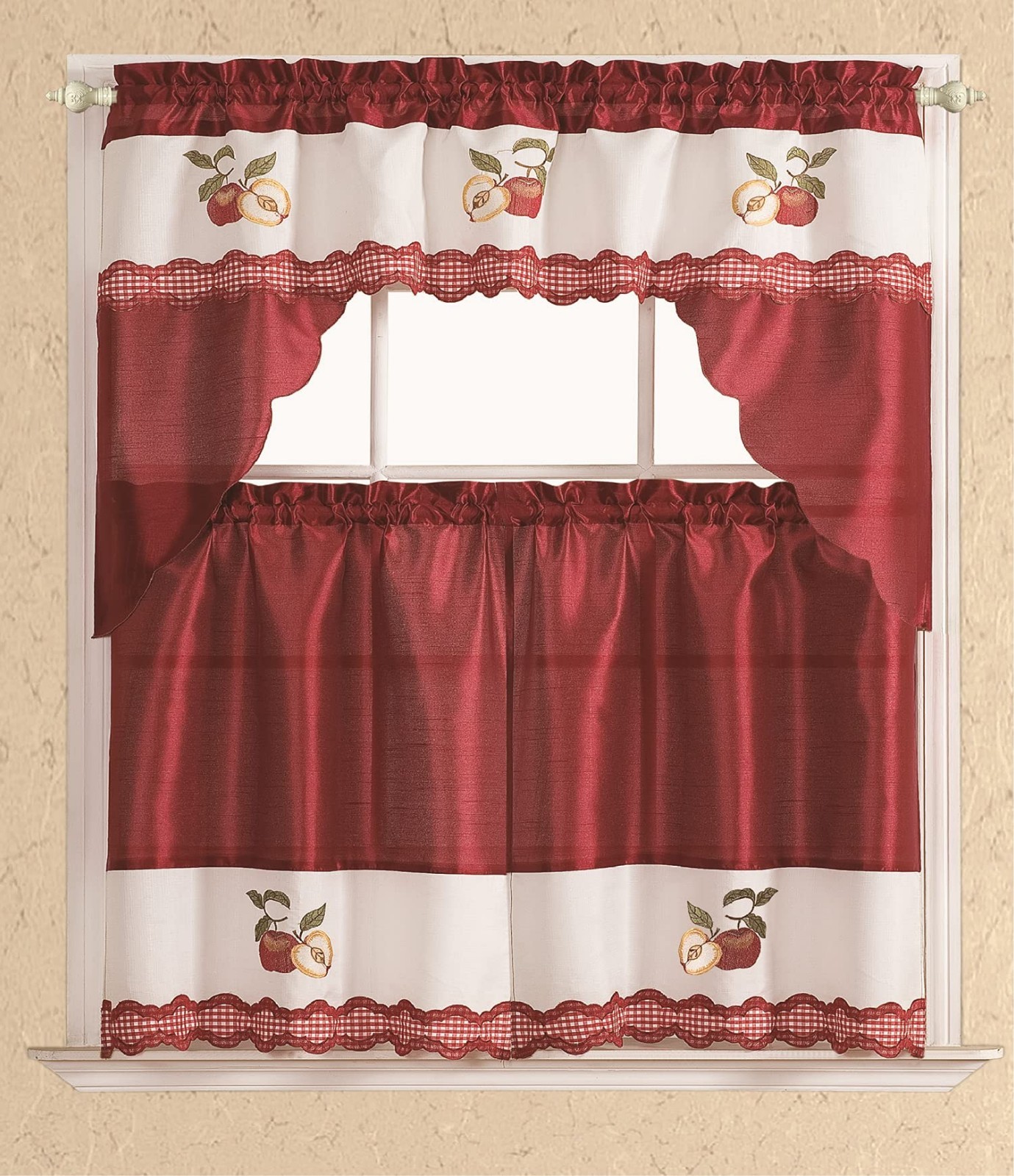 3pc Modern Kitchen Curtain Set – Embroidered Swag Valance, Red Apples Design
