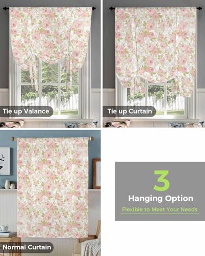 Pink Flower Tie Up Curtains for Window, 42″W x 45″L (Pack of 1) Pink Floral
