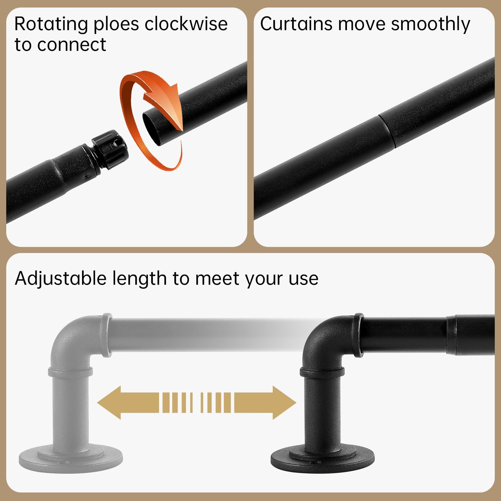 Industrial Curtain Rods, 35 to 75 Inches, 7/8 Inch 35-75 INCH, Black