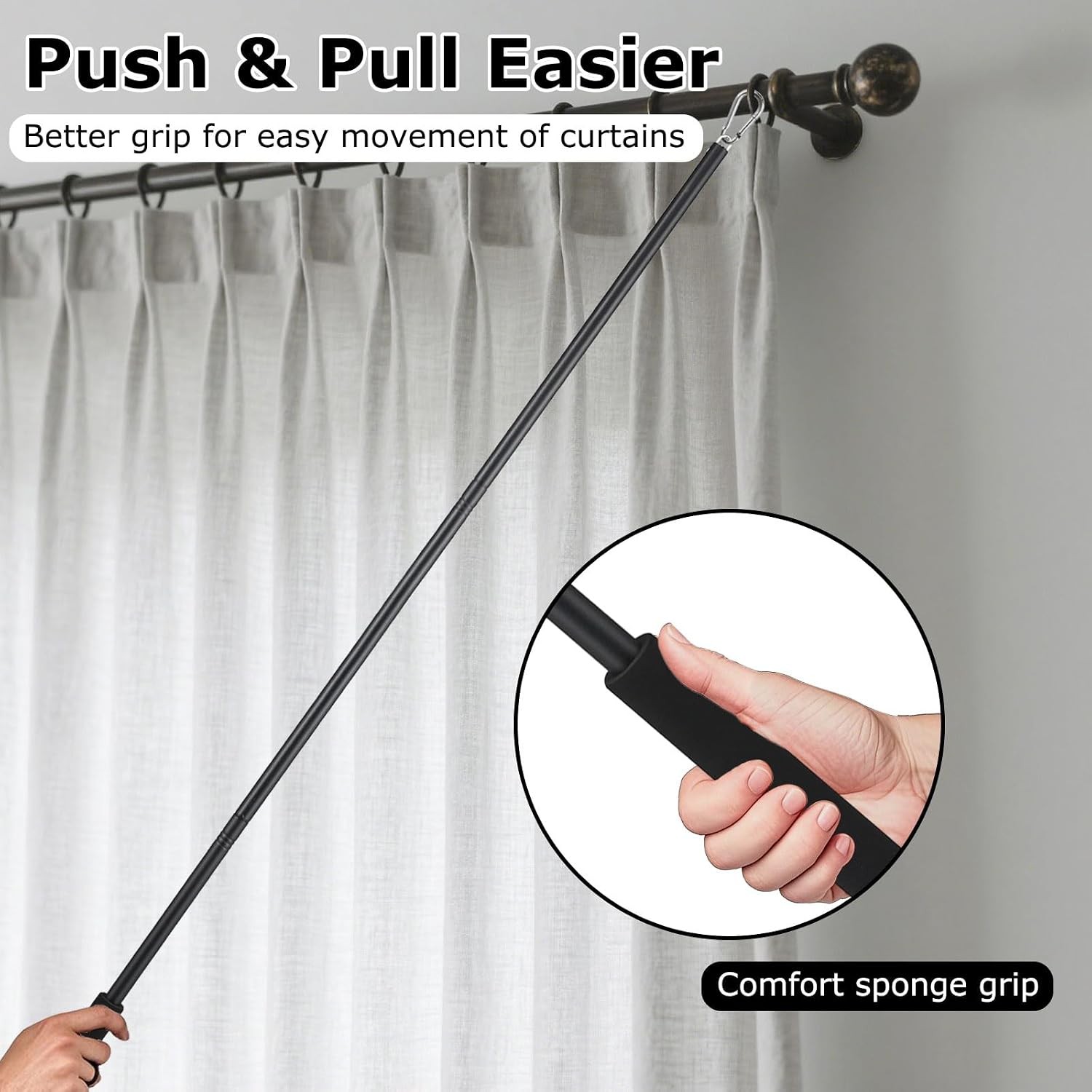 2 Pack Adjustable Curtain Pull Wands 31-46 in Steel Drapery Rods Black