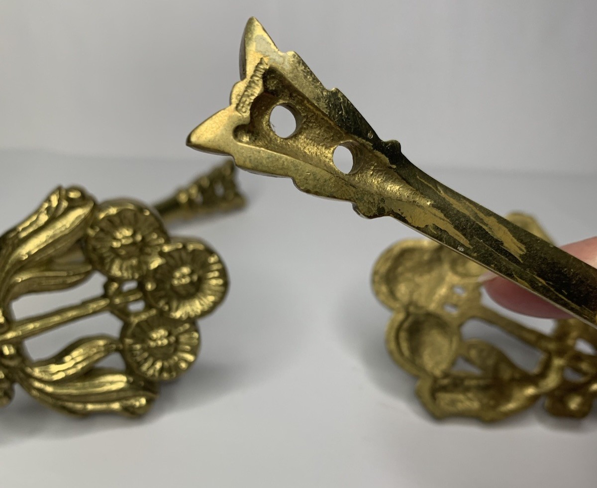 2 VTG Germany Cast Brass Floral Curtain Drapery Tiebacks Pole Holders Wall Hooks