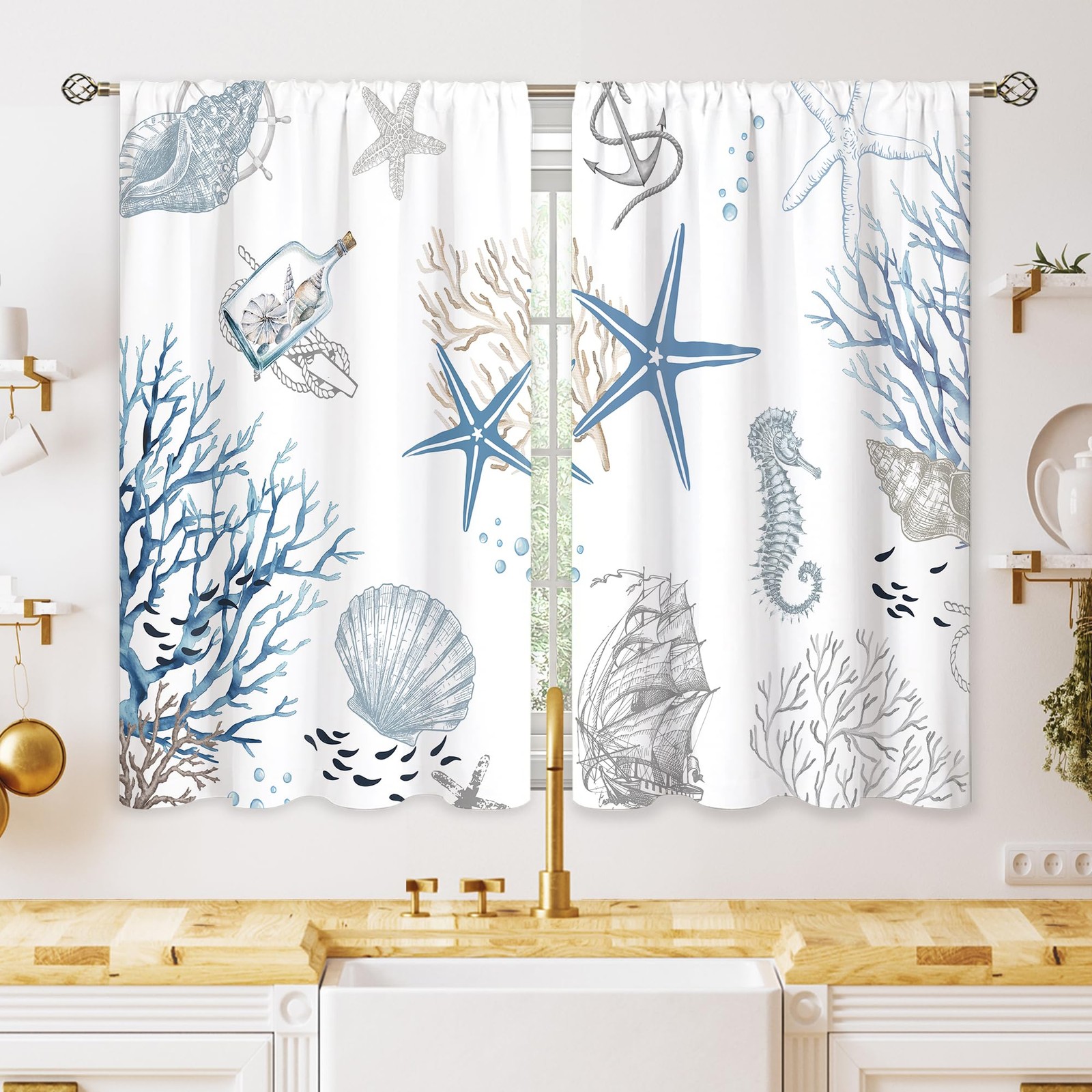Blue Ocean Beach Kitchen Curtains 27.5″W x 39″L (Pack of 2) B2 Blue Coastal