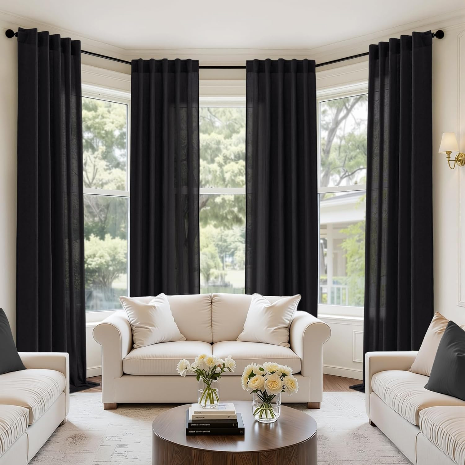 MIULEE Black Linen Curtains 84 Inch Long 4 Panels Light Filtering Window Drapes