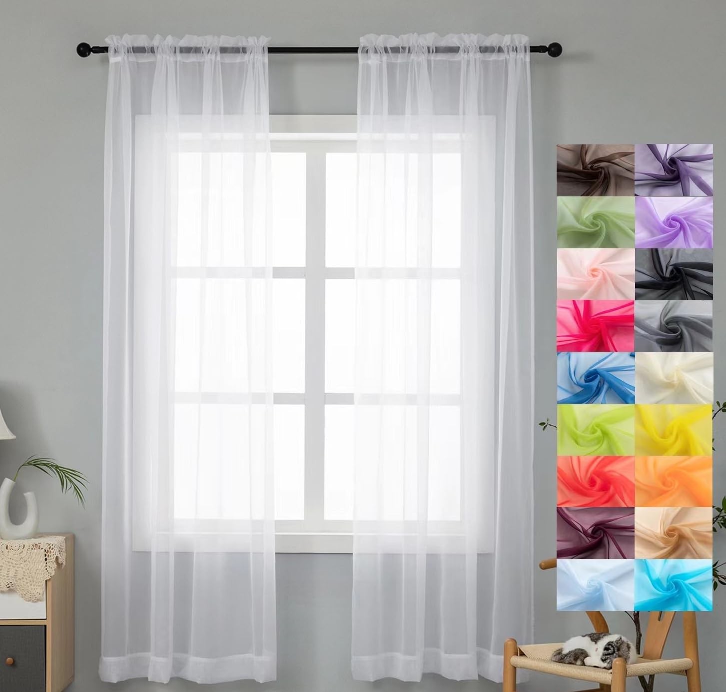 Modern Sheer Curtain Panels Set of 2 58×84 inches White Voile for Home Decor