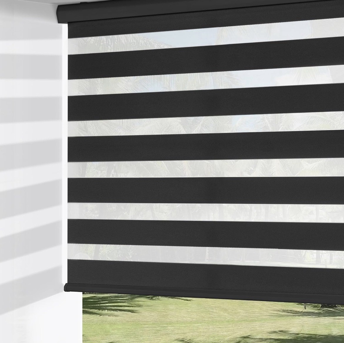 Cordless Zebra Blinds 53×72 Black Dual Layer Light Filtering Roller Shades