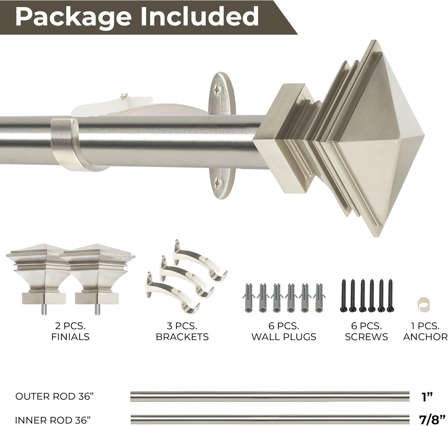 New Window Satin Silver Curtain Rod 1″ Adjust/Brackets Set 36″ to 66″ Fast Ship