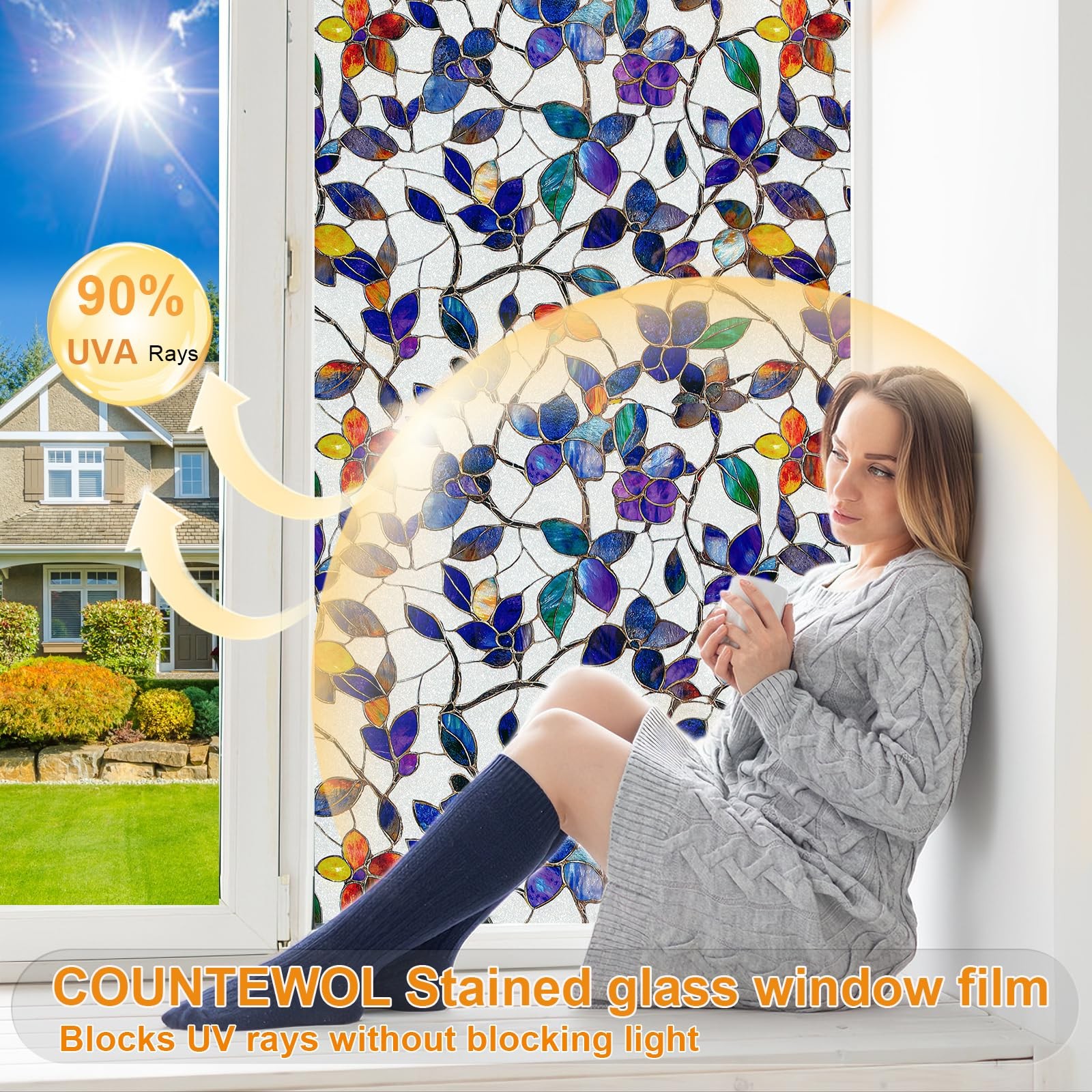 Colored Glass Film Privacy Rainbow Leaf Pattern 17.5 x 78.7 Inch Removable