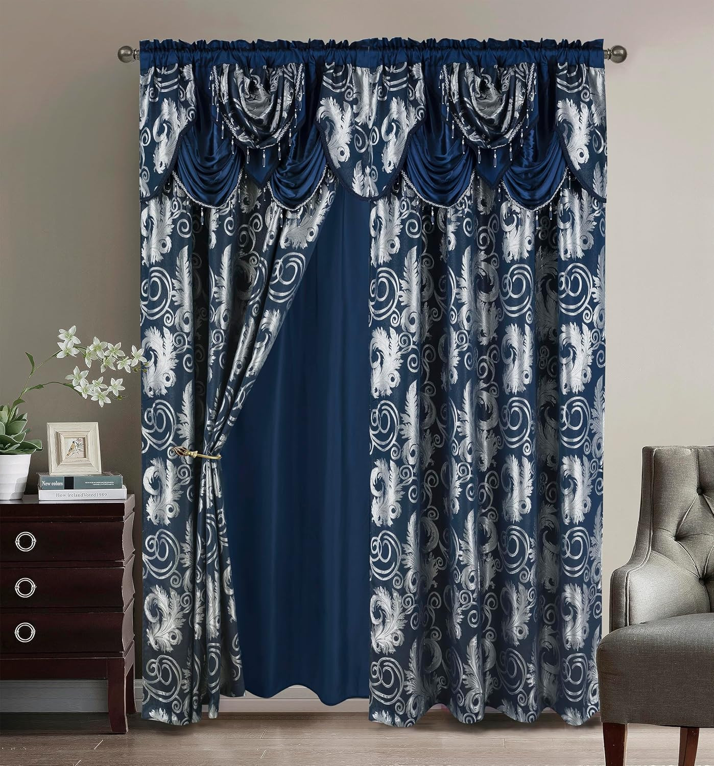 Jacquard Luxury Window 2 Panel Set Navy Curtain with Attached Valance and Backin