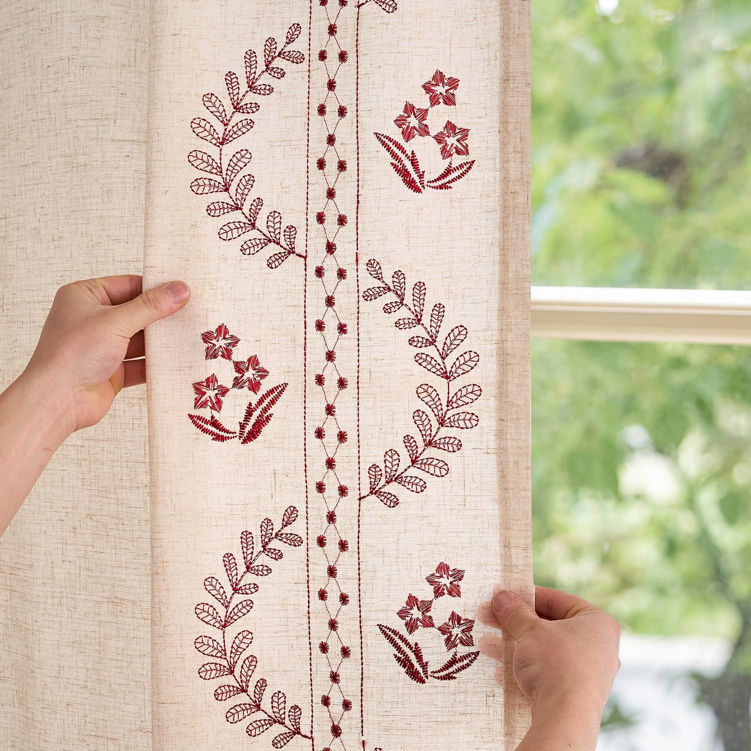 jinchan Belrose Linen Curtains for Bedroom Floral Curtains 63 Inch Length Linen