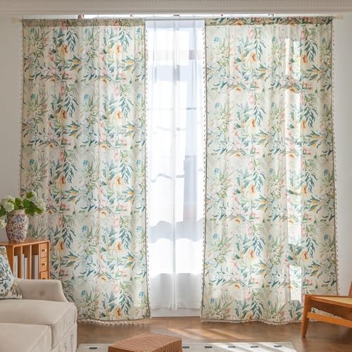 Boho Floral Curtains French Country 52″W x 84″L (Pack of 2) Green Floral