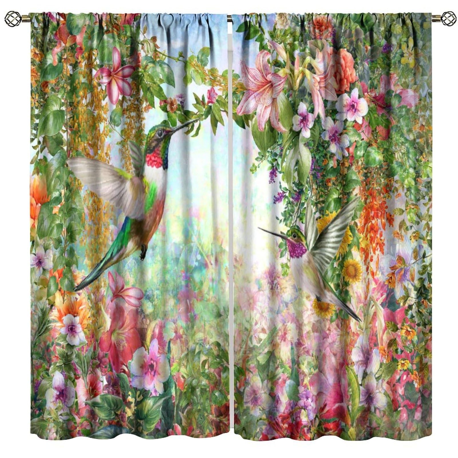 Hummingbird Spring Floral Curtains,Watercolor Pink Flower Plant Butterfly Hum…