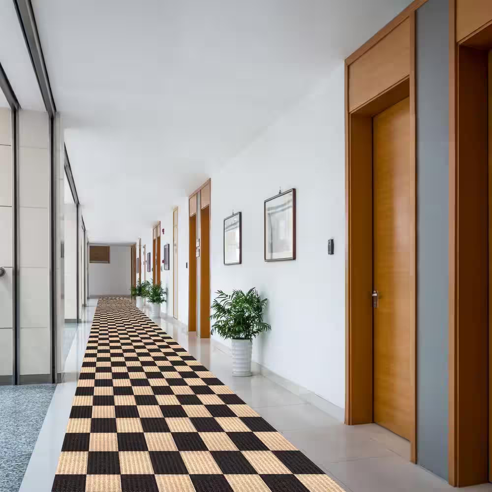 Heavey Duty Checkered Black and Beige 31 In. W X 26 Ft. L Indoor/Outdoor Runner