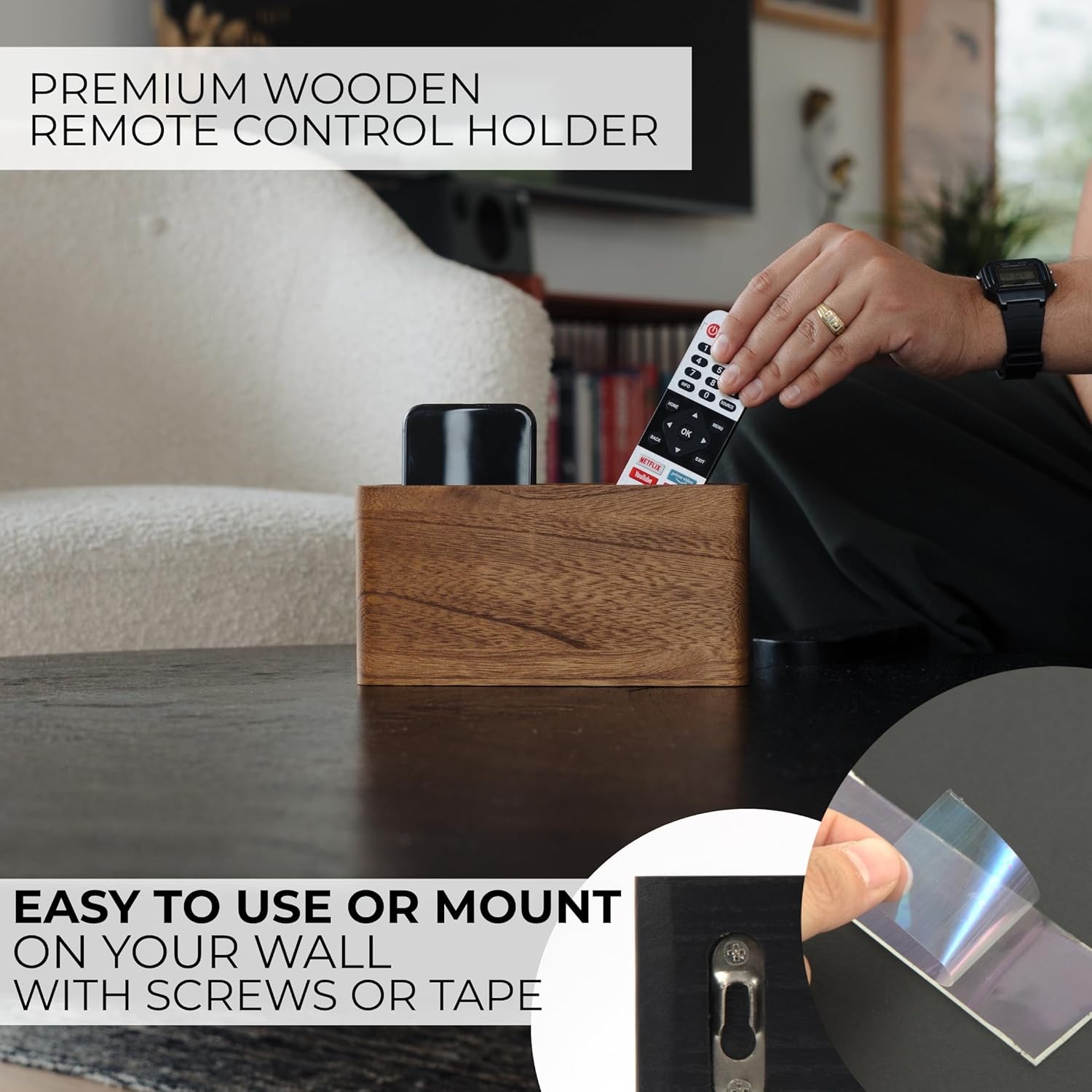 KIBAGA Premium Wooden Remote Control Holder – Easy Install Adhesi
