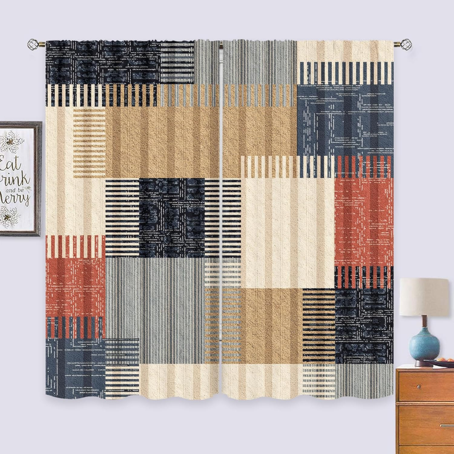 Abstract Patchwork Curtains 42Wx63H Inch Rod Pocket Colorful Boho Modern Color B