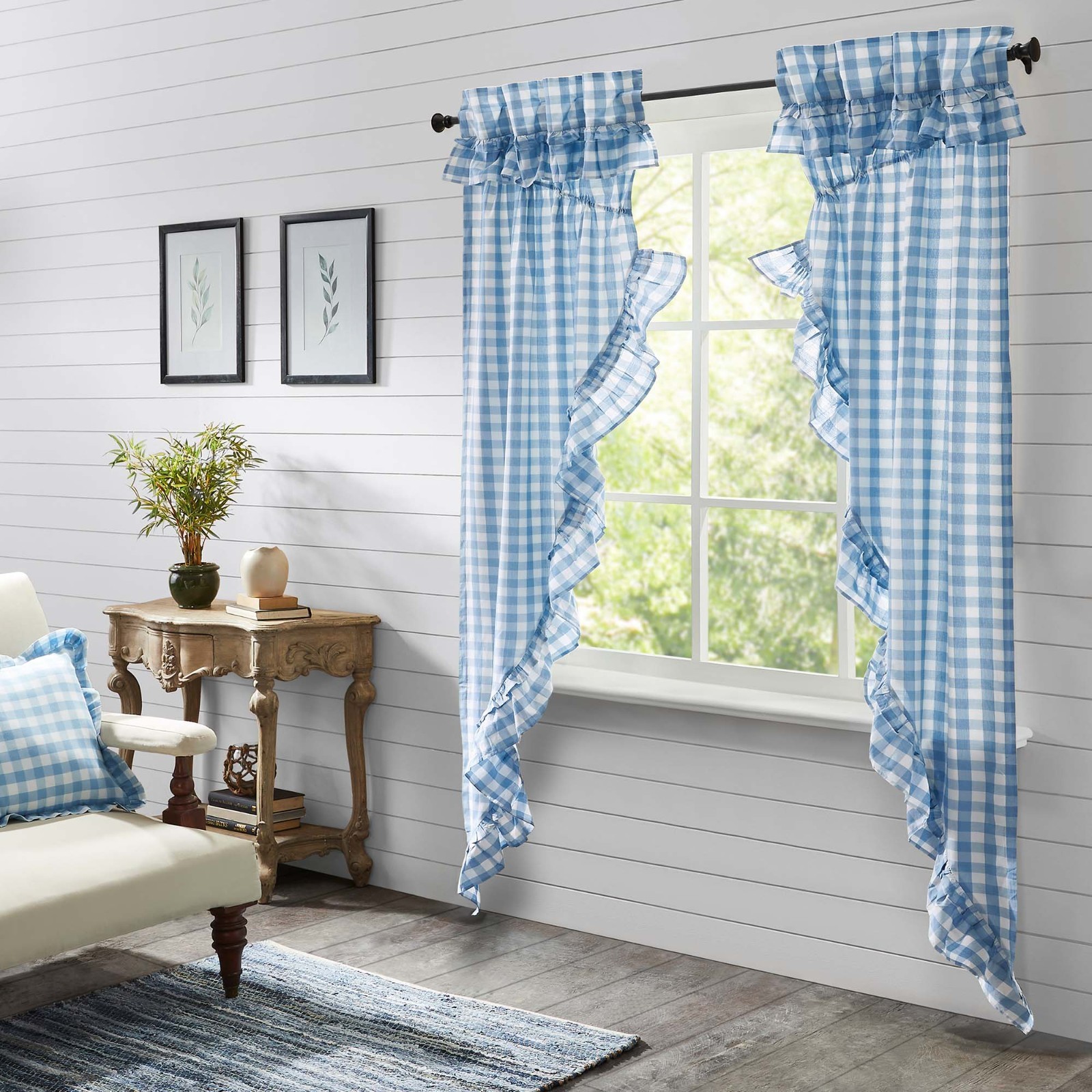 Annie Buffalo Blue Check Ruffled Lined Country Gathered Long Prairie Curtains