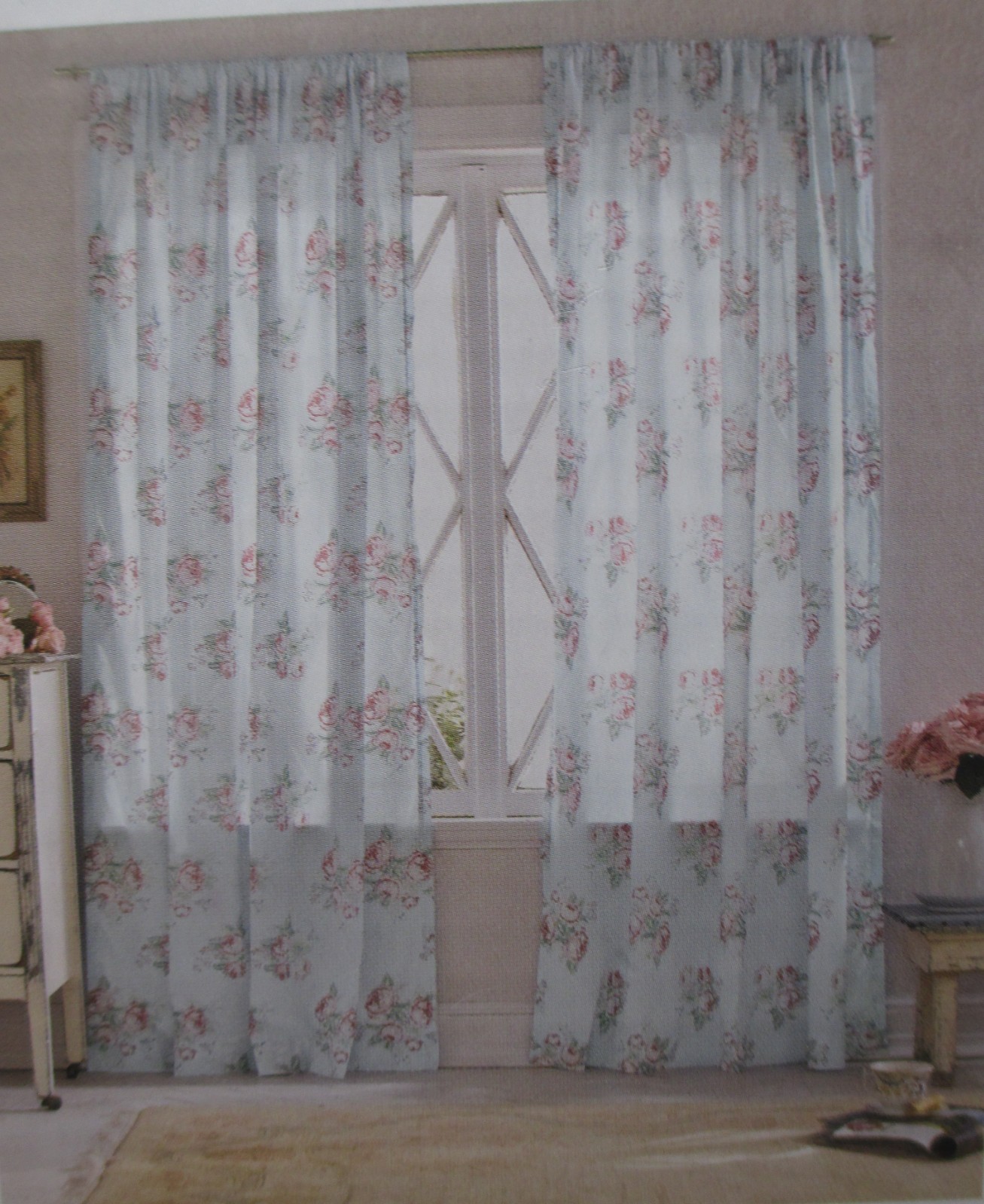 Simply Shabby Chic Blue Voile Cabbage Rose Floral Panels Curtains Drapes Pair
