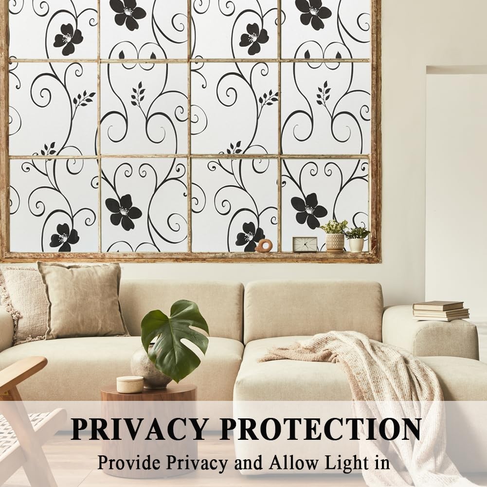 Decorative Window Film,Black Flower Static Cling Privacy Door Film, Non Adhes…