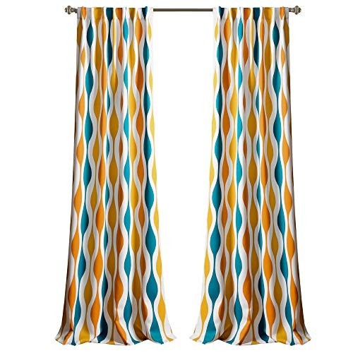 Mid Century Geo Light Filtering Curtains, 52″ W x 84″ L, Turquoise & Orange Pair