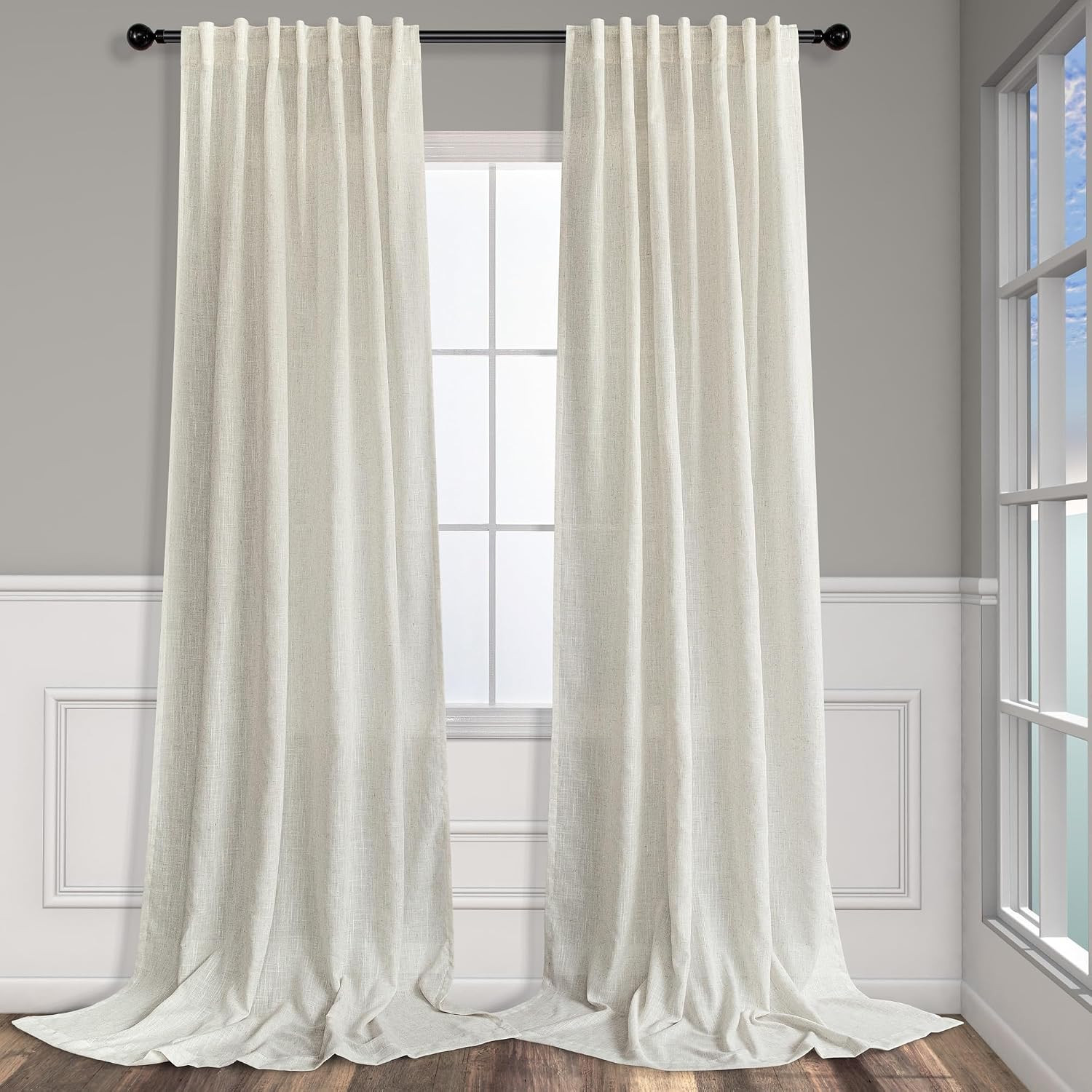 108 Inch Linen Blend Curtains 2 Panel Set Semi Sheer Back Tab Rod Pocket Beige