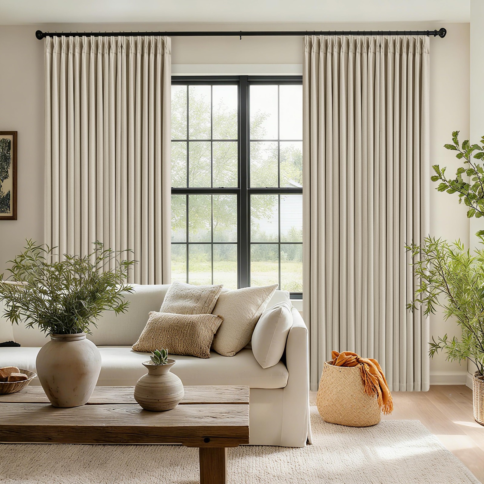 102 Inch Blackout Linen Pleated Curtains for Bedroom Living Room Darkening Pi…
