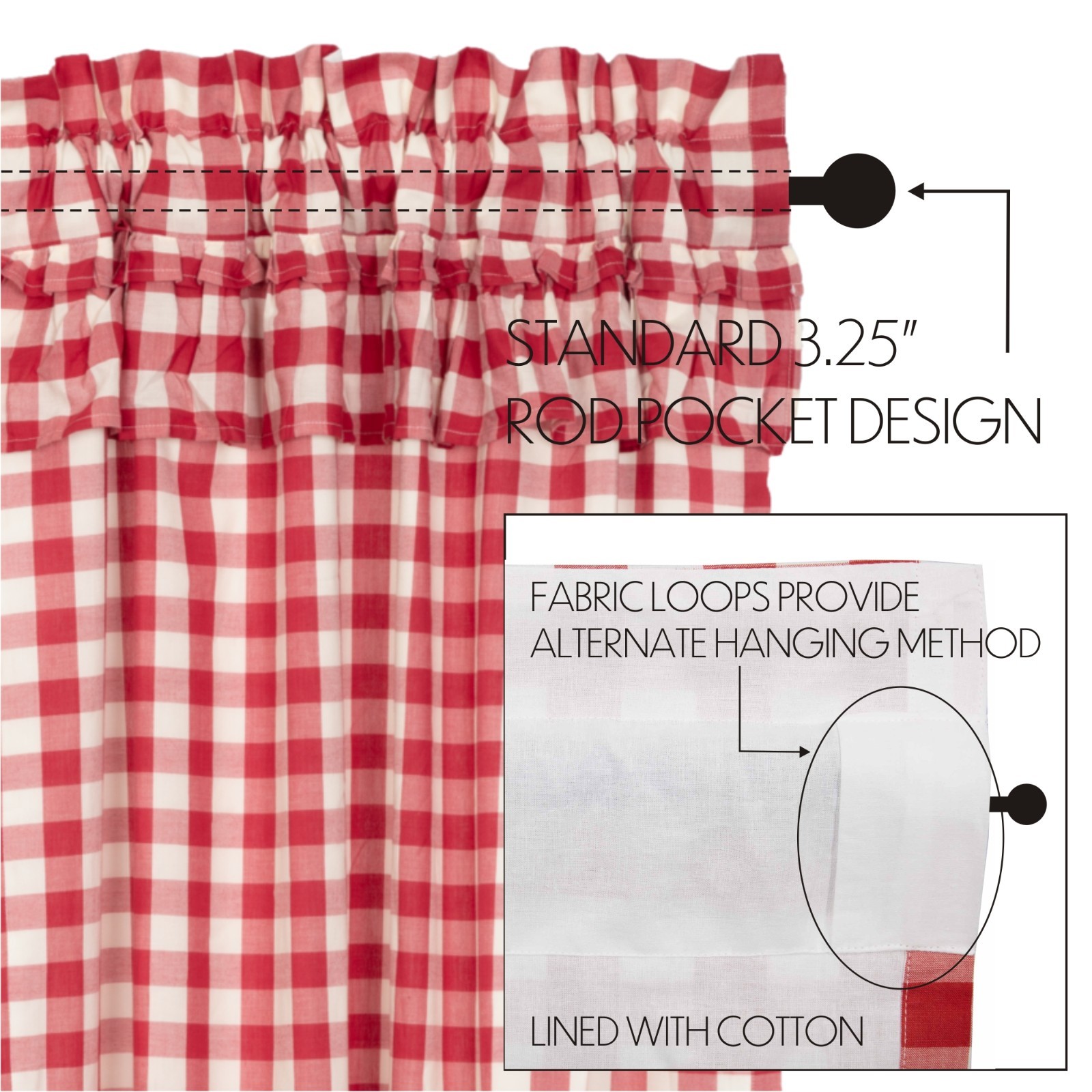 Annie Buffalo Red Check Ruffled Lined Country Gathered Long Prairie Curtains