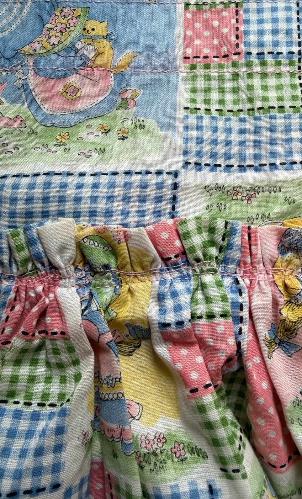 Vintage Handmade Holly Hobbie Patchwork Ruffled Window Valances Pair 63×11”