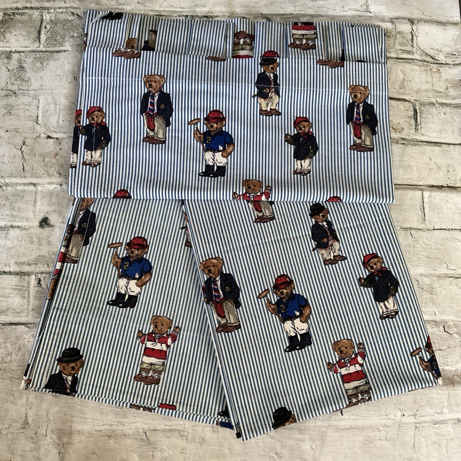 Ralph Lauren Polo Teddy Bear Stripe 2PC Window Panels & 1PC Valance 3PC Set