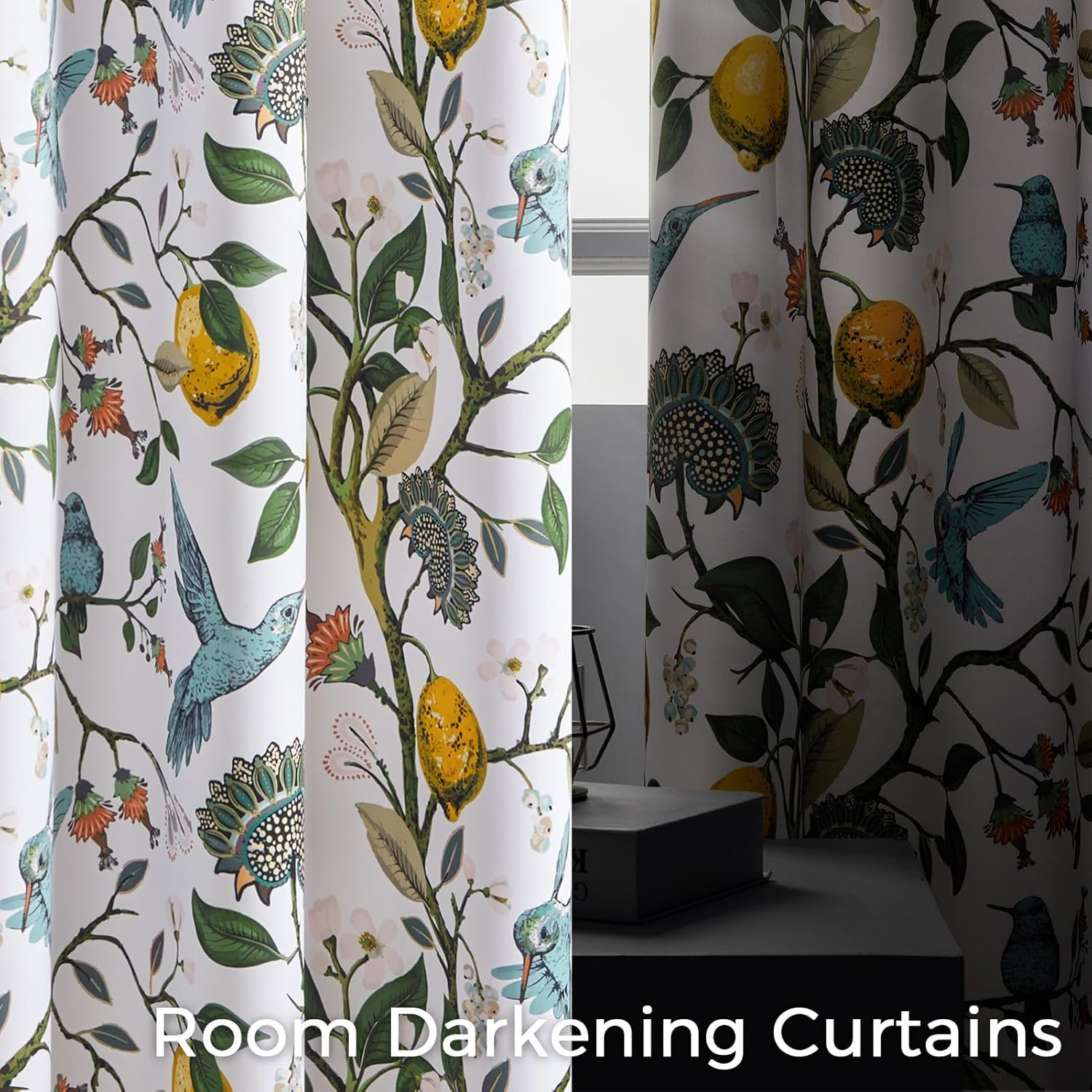 White Kitchen Tier Curtains 36 Inches Long,Botanical Floral Lemon & Hummingbird